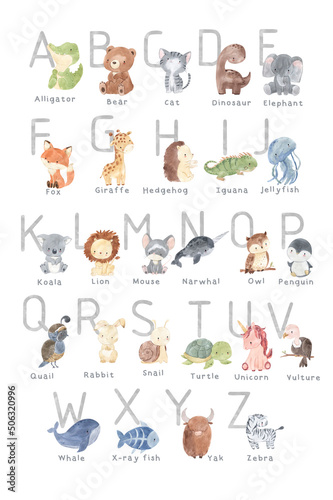 Fototapeta Naklejka Na Ścianę i Meble -  ABC alphabet with animals. Watercolor illustration for kids