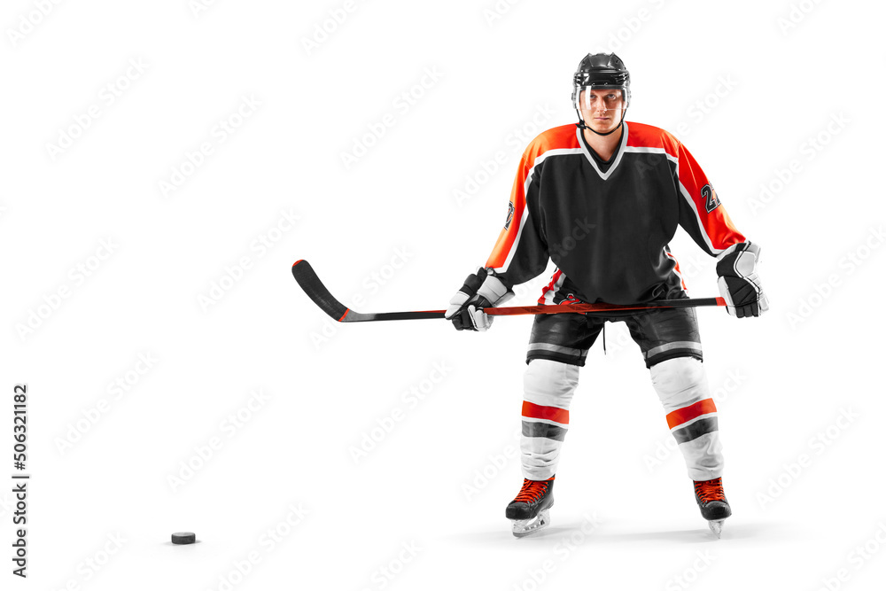 Obraz premium Professional hockey player start the game. Sports emotions. Hockey concept. Isolated on the white