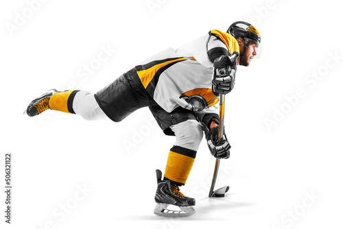Athlete in action. Professional hockey player in the helmet and gloves on white background. Sports emotions. Hockey athlete with desire to win and be champion