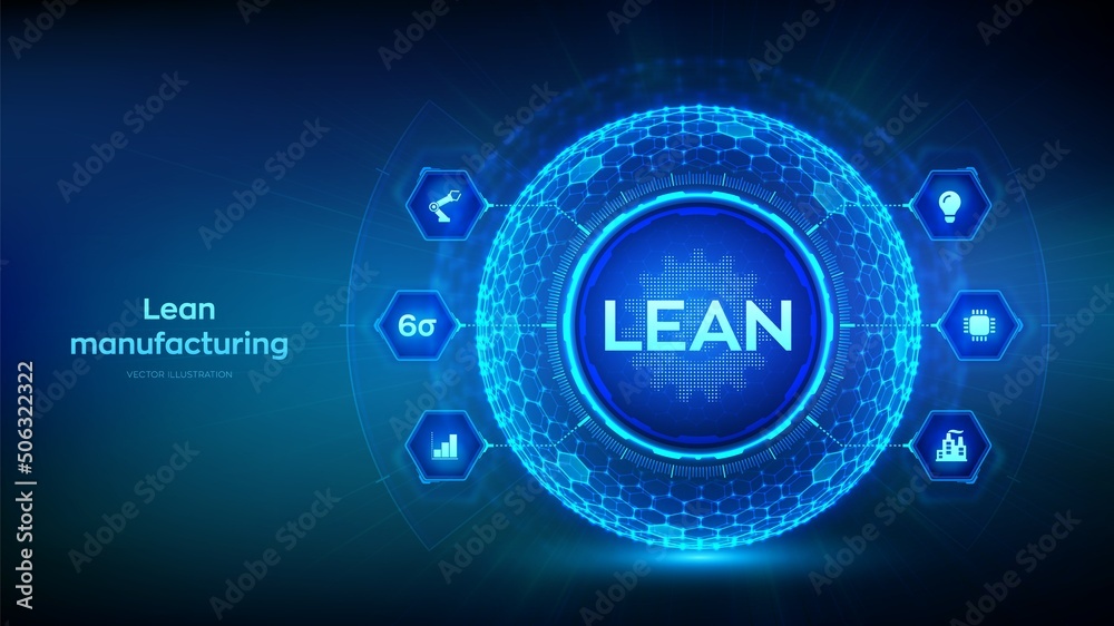 Lean. Six sigma smart industry, quality control, standardization. Lean manufacturing DMAIC. Business and industrial process optimisation concept. Hexagonal grid sphere background. Vector illustration.