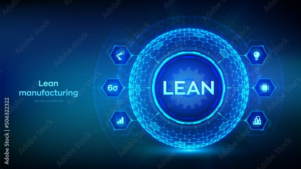 Lean. Six sigma smart industry, quality control, standardization. Lean manufacturing DMAIC. Business and industrial process optimisation concept. Hexagonal grid sphere background. Vector illustration. Lean. Six sigma smart industry, quality control, standardization. Lean manufacturing DMAIC. Business and industrial process optimisation concept. Hexagonal grid sphere background. Vector illustration.