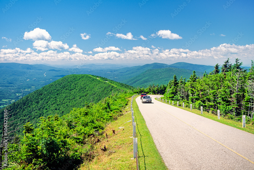 Mount Equinox Skyline Drive, highest peak in Taconic Range. Near Manchester, Bennington County, Vermont, USA. Cars on panoramic