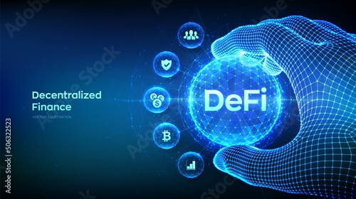DeFi. Decentralized Finance. Blockchain, decentralized financial system in the shape of polygonal sphere in wireframe hand. Business technology concept on blue background. Vector illustration. photo