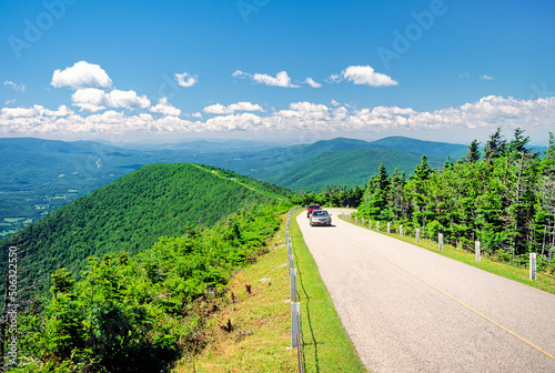 Mount Equinox Skyline Drive, highest peak in Taconic Range. Near Manchester, Bennington County, Vermont, USA. Cars on panoramic
