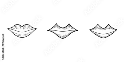 Set of romantic doodle lips on white background for beauty design and postcard decoration. Isolated objects.