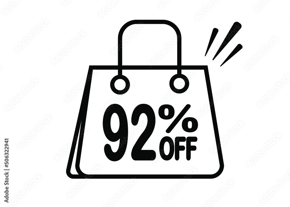 92 percent discount bag. Black and white banner with floating bag for promotions and offers. 92 percent discount bag. Black and white banner with floating bag for promotions and offers.