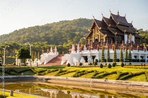 View of Ho Kham Royal Pavilion an iconic symbol of Royal Park Rajapruek in Chiang Mai province of Thailand. photo