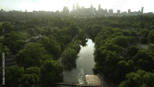 Barton Springs 2022 Early Morning People Swimming Austin Texas Skyline