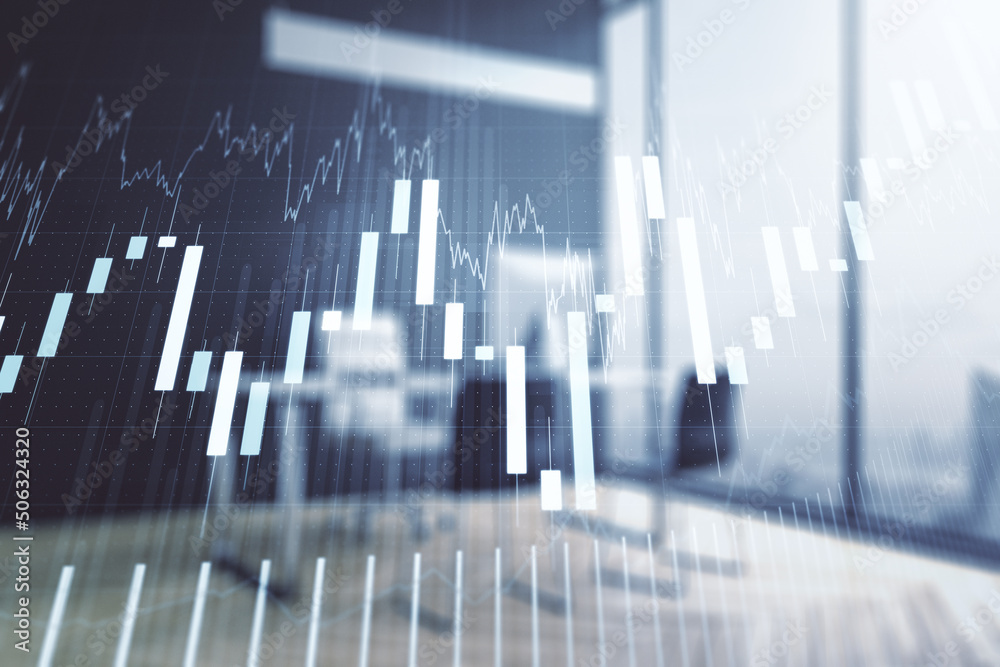 Double exposure of abstract creative financial diagram and modern desk with computer on background, banking and accounting concept Double exposure of abstract creative financial diagram and modern desk with computer on background, banking and accounting concept