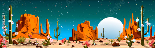 Moonlit night in the desert with blooming cacti. Sandy desert with cacti. Mountains and stones. Night in the desert. Moonlight. Stars on the sky