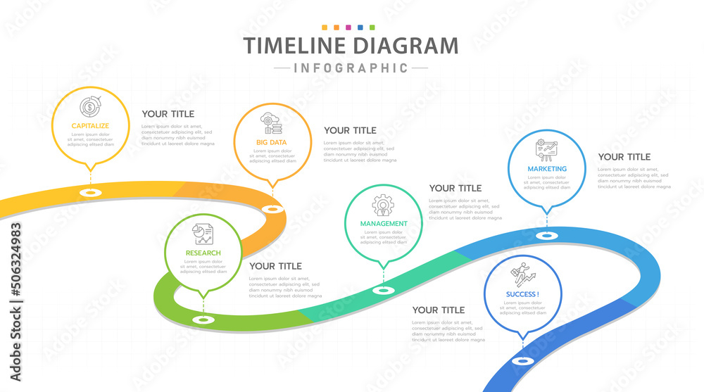 Infographic template for business. 6 Steps Modern Timeline diagram with road journey concept, presentation vector infographic.