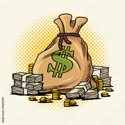 Money bag and stack of gold coin