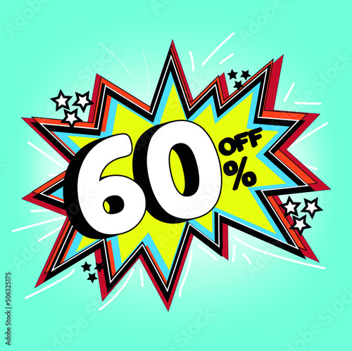 Promotional balloon, 60% off, sixty percent off, promotional offer used for general sales, featured cartoon look