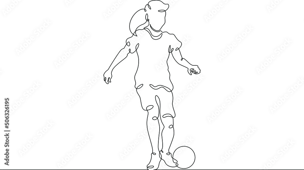 One continuous line.Kids games.Little girl is playing ball. The child runs with the ball. Kid in play. One continuous line drawn isolated, white background.