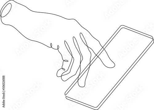 One continuous line.The hand touches the smartphone screen. Using the device manually. Tap the screen with your finger. One continuous line drawn isolated, white background.