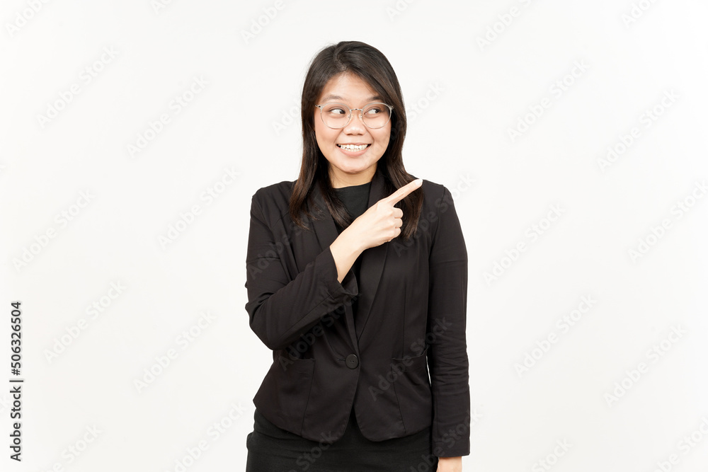 Showing Product and Pointing Side Of Beautiful Asian Woman Wearing Black Blazer Isolated On White Showing Product and Pointing Side Of Beautiful Asian Woman Wearing Black Blazer Isolated On White