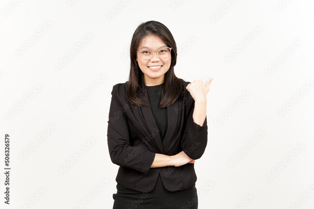 Presenting and Pointing Side Product Using Thumb Of Beautiful Asian Woman Wearing Black Blazer Presenting and Pointing Side Product Using Thumb Of Beautiful Asian Woman Wearing Black Blazer