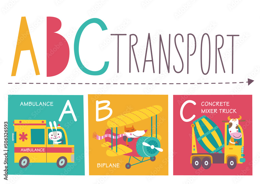 Cute vector alphabet with little animals and transport in cartoon style. A, B, C. Part 1.