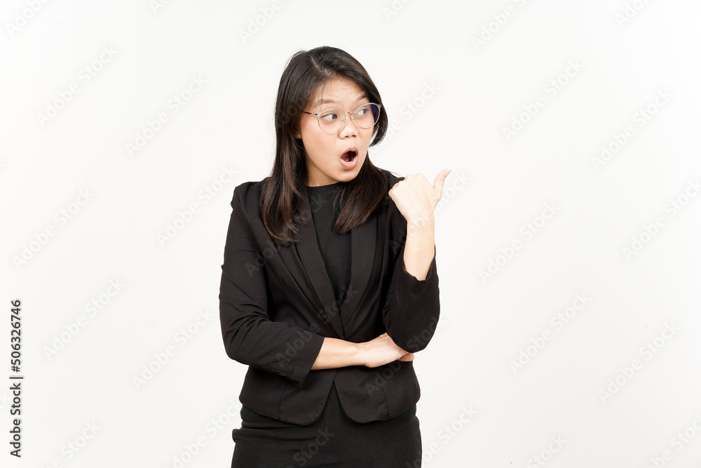 Presenting and Pointing Side Product Using Thumb Of Beautiful Asian Woman Wearing Black Blazer Presenting and Pointing Side Product Using Thumb Of Beautiful Asian Woman Wearing Black Blazer