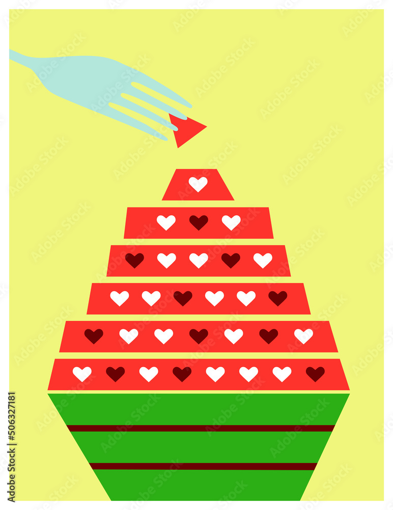 Vector Design watermelon sliced on a plate with seeds in the form of hearts.