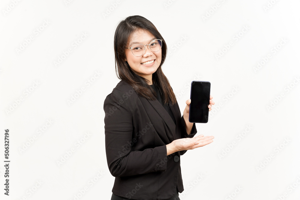 Showing Apps or Ads On Blank Screen Smartphone Of Beautiful Asian Woman Wearing Black Blazer Showing Apps or Ads On Blank Screen Smartphone Of Beautiful Asian Woman Wearing Black Blazer