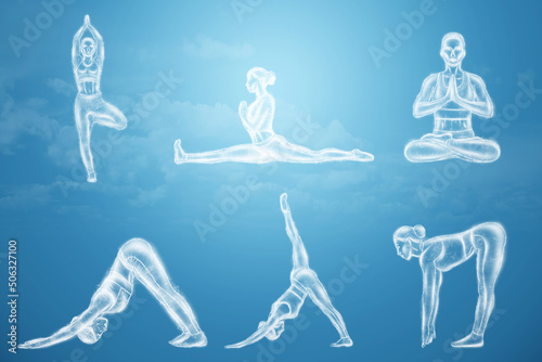 Neon image of a girl, a hologram of a girl in a yoga pose, or Pilates figures, meditation. Set of six images, healthy lifestyle, relaxation, reboot. 3D render, 3D illustration