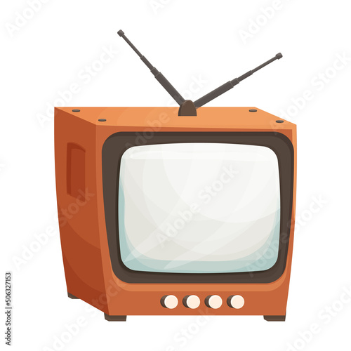 Retro tv box with antenna in cartoon style isolated on white background. Television old analog, detailed with screen and buttons.