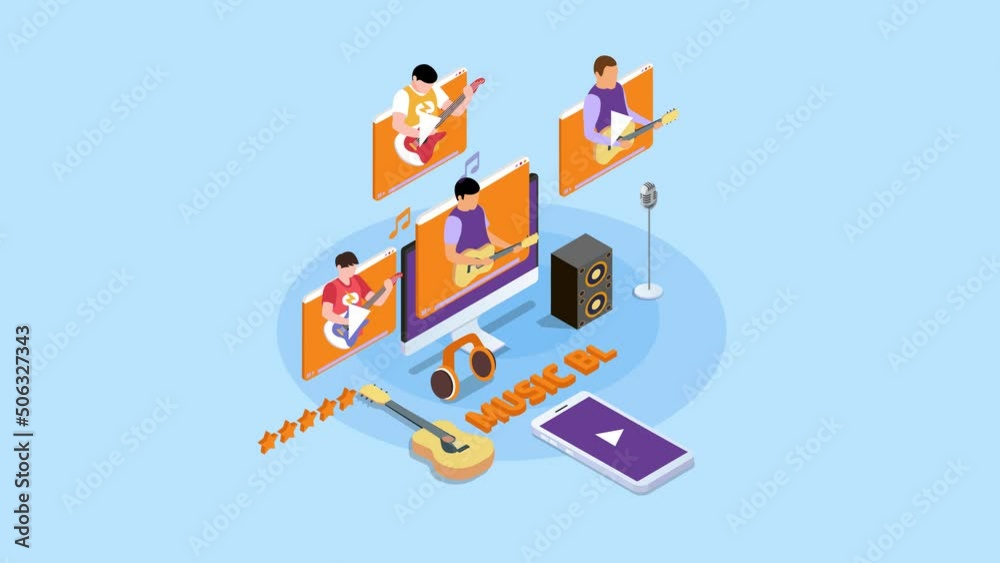 Young man playing a guitar in show online Young man playing a guitar in show online