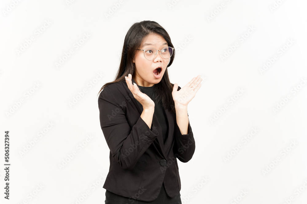 WOW and Shocked Face Expression Of Beautiful Asian Woman Wearing Black Blazer Isolated On White WOW and Shocked Face Expression Of Beautiful Asian Woman Wearing Black Blazer Isolated On White