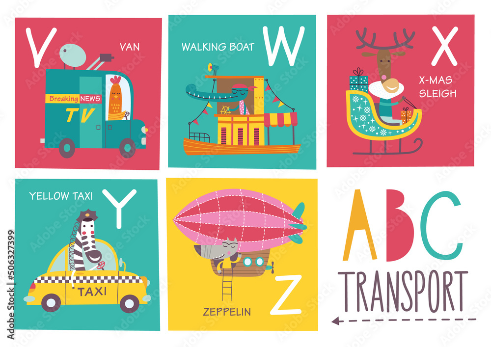Cute vector alphabet with animals and transport in cartoon style. V, W, X, Y, Z. Part 5.