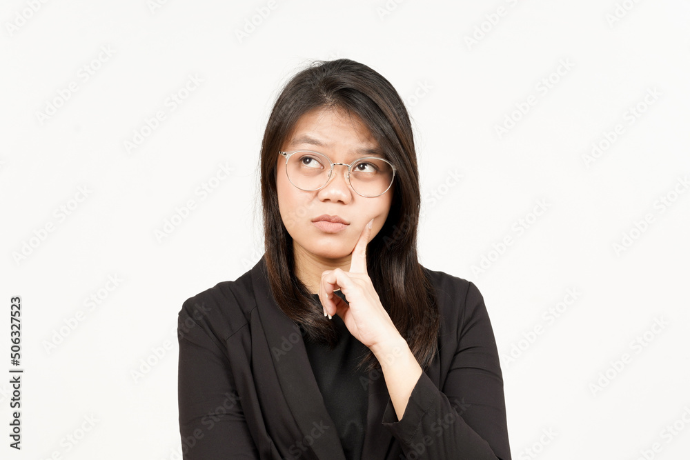Thinking Gesture Of Beautiful Asian Woman Wearing Black Blazer Isolated On White Background Thinking Gesture Of Beautiful Asian Woman Wearing Black Blazer Isolated On White Background
