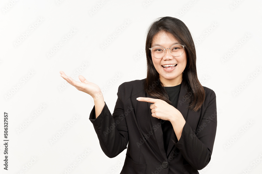 Showing and Presenting Product on Open Palm Of Beautiful Asian Woman Wearing Black Blazer Showing and Presenting Product on Open Palm Of Beautiful Asian Woman Wearing Black Blazer