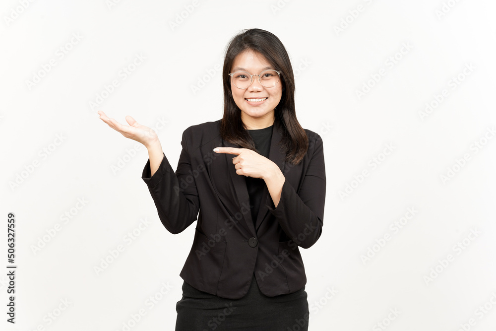 Showing and Presenting Product on Open Palm Of Beautiful Asian Woman Wearing Black Blazer Showing and Presenting Product on Open Palm Of Beautiful Asian Woman Wearing Black Blazer