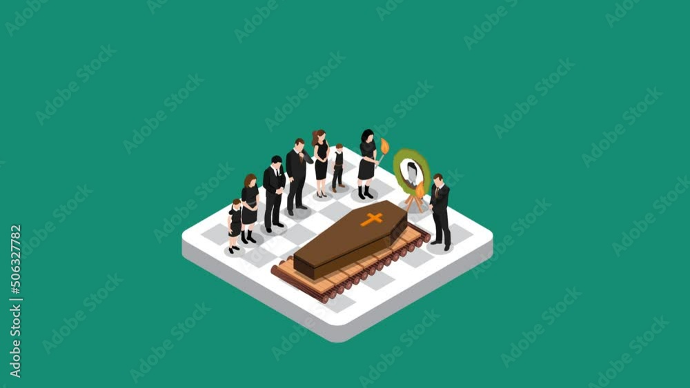 Mourning family stand near coffin in crematorium Mourning family stand near coffin in crematorium
