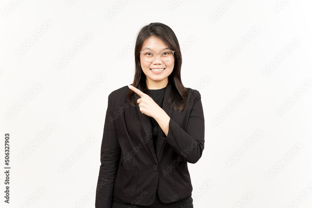 Showing Product and Pointing Side Of Beautiful Asian Woman Wearing Black Blazer Isolated On White Showing Product and Pointing Side Of Beautiful Asian Woman Wearing Black Blazer Isolated On White