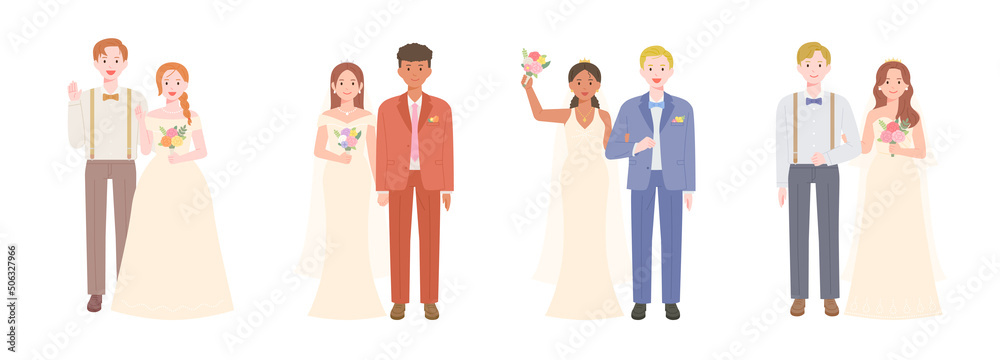 Collection of characters of the bride and groom of different races in wedding dresses. flat design style vector illustration. Collection of characters of the bride and groom of different races in wedding dresses. flat design style vector illustration.