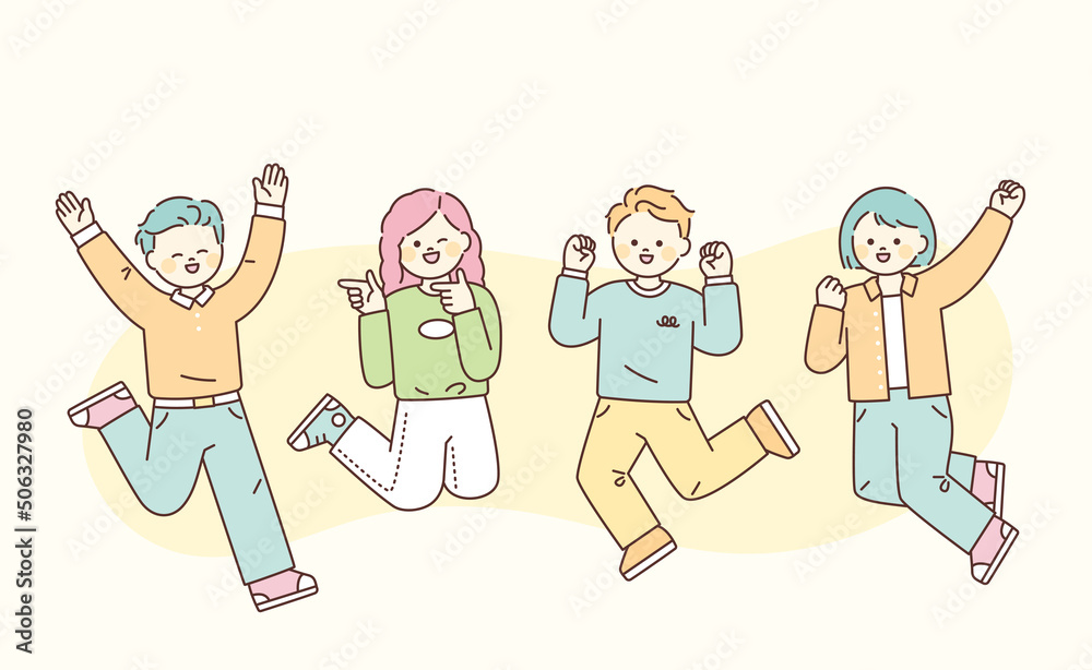 Cute young people jumping and smiling. flat design style vector illustration. Cute young people jumping and smiling. flat design style vector illustration.