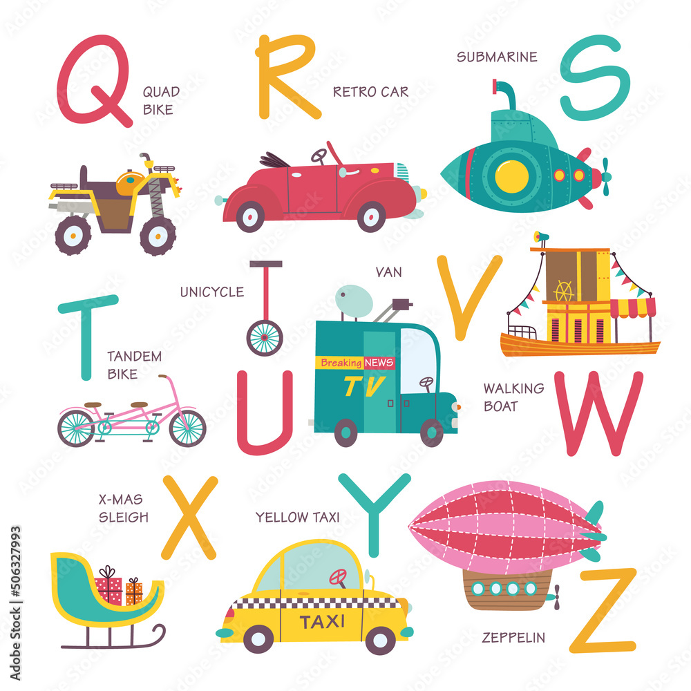 Vector alphabet transport in cartoon style.Q, R, S, T, U, V, W, X, Y, Z,. Part 3. Vector alphabet transport in cartoon style.Q, R, S, T, U, V, W, X, Y, Z,. Part 3.