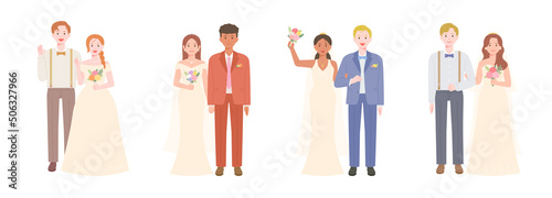 Collection of characters of the bride and groom of different races in wedding dresses. flat design style vector illustration.