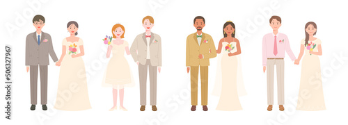 Collection of cute bride and groom characters in wedding dresses. flat design style vector illustration.