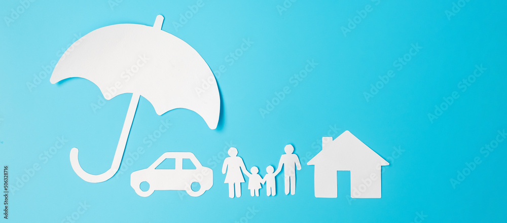 Umbrella cover family, home and Car shape paper on blue background. International day of families, Healthcare, wellness and Insurance concept Umbrella cover family, home and Car shape paper on blue background. International day of families, Healthcare, wellness and Insurance concept