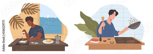People cooking meat at home, men making dishes
