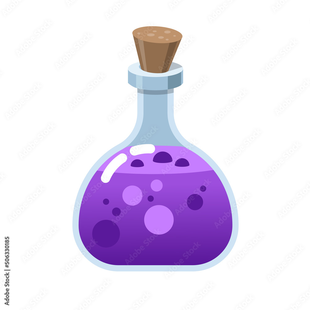 Magic glass bottle. Alchemy elixir in glass flask. Cork and purple potion, cartoon vector. Witchcraft purple potion of witch or poison Magic glass bottle. Alchemy elixir in glass flask. Cork and purple potion, cartoon vector. Witchcraft purple potion of witch or poison