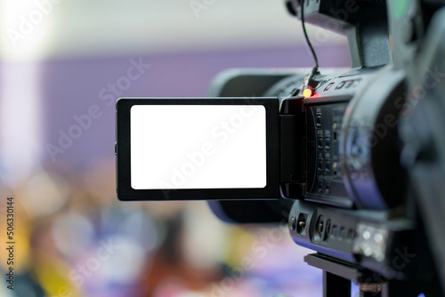 video camera in business conference room recording participants and speaker, seminar meeting, event and seminar concept