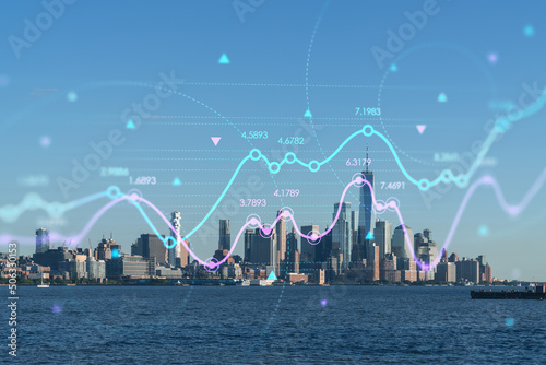 New York City skyline of Financial Downtown, Hudson River waterfront, skyscrapers at day time. Manhattan, USA. Forex graph hologram. The concept of internet trading, brokerage and fundamental analysis