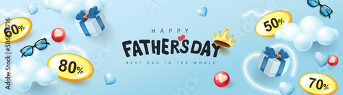 Father's Day sale banner background with Father's Day calligraphy and gift item for dad