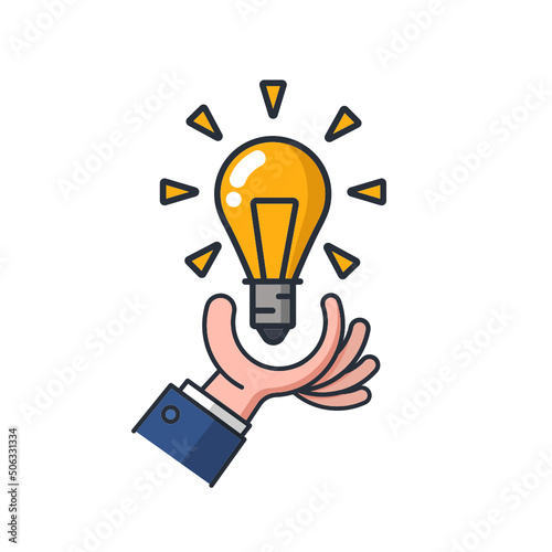 Colored thin icon of lightbulb on hand, business and finance concept vector illustration.