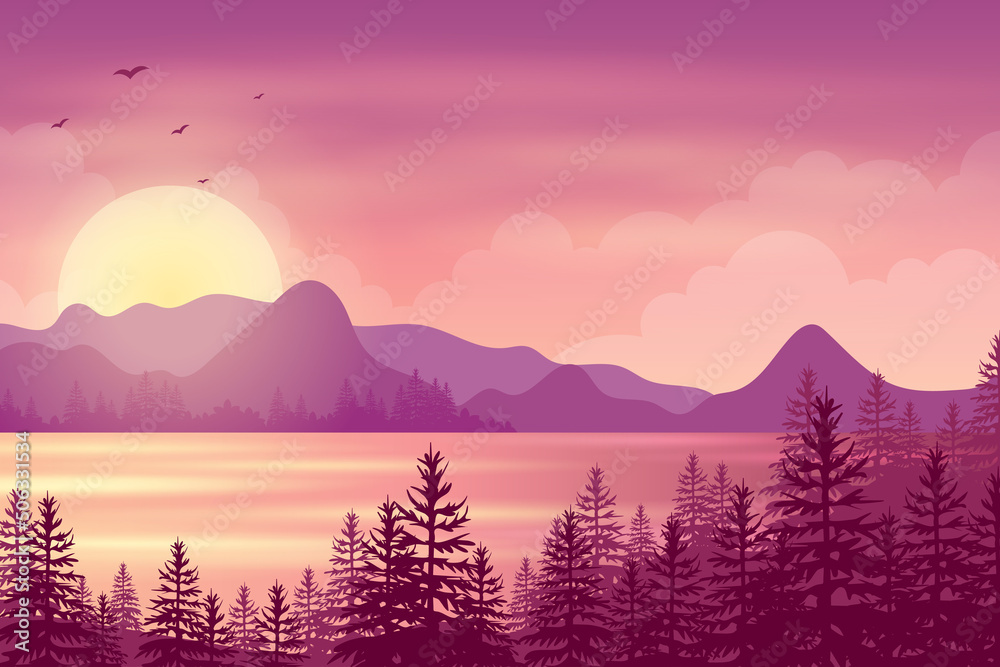 Pine forest landscape in evening ocean sunset with mountain and sky illustration