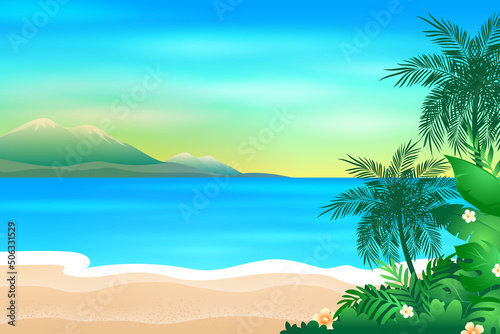 Beautiful daytime Beach landscape Cartoon illustration