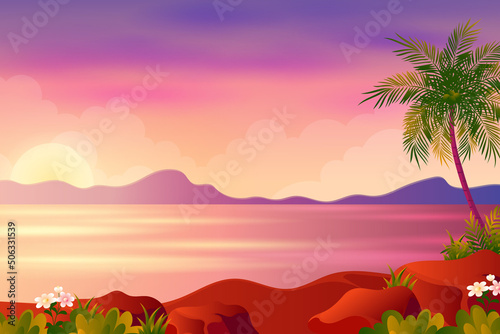 Sunset or sunrise on beach  tropical landscape Cartoon illustration